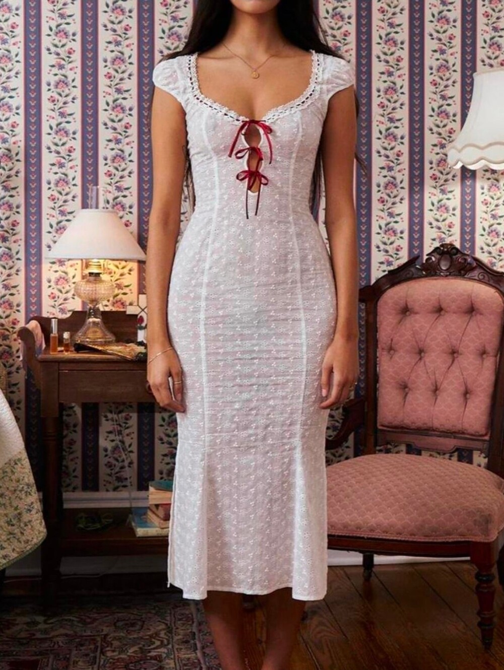 Mirror Palais Maria Rosa Lined White Midi Dress with Red Tie Detail